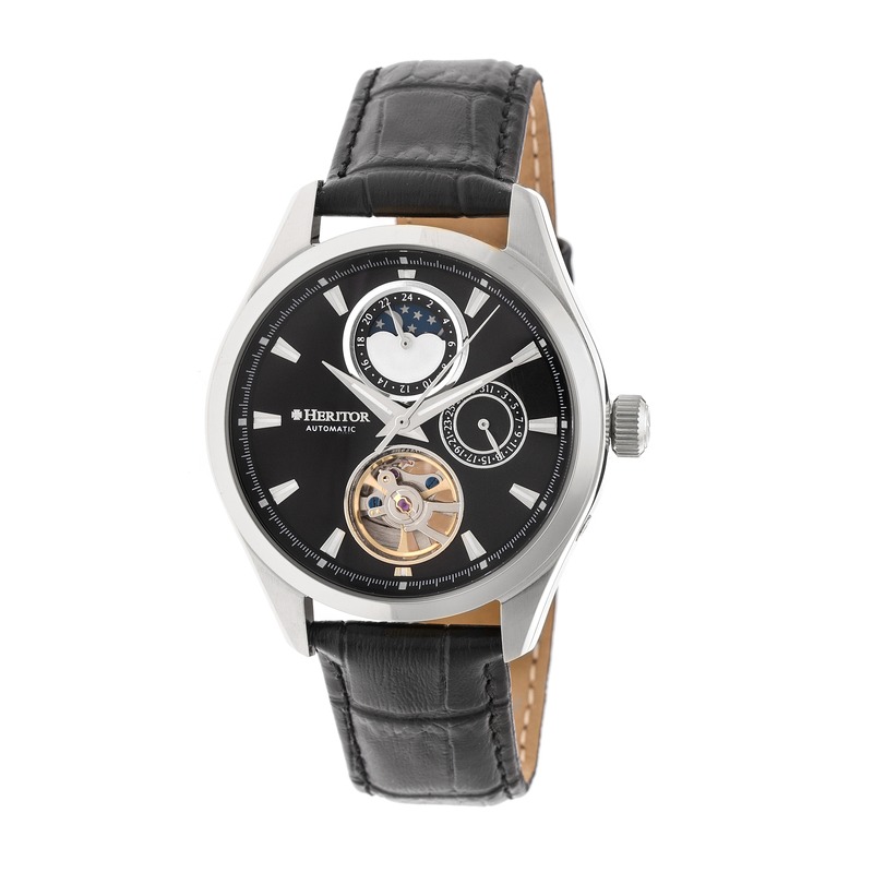 Heritor Sebastian Black Moonphase Dial Black Leather Strap Automatic Mens Watch Hr6902 In Black,silver Tone