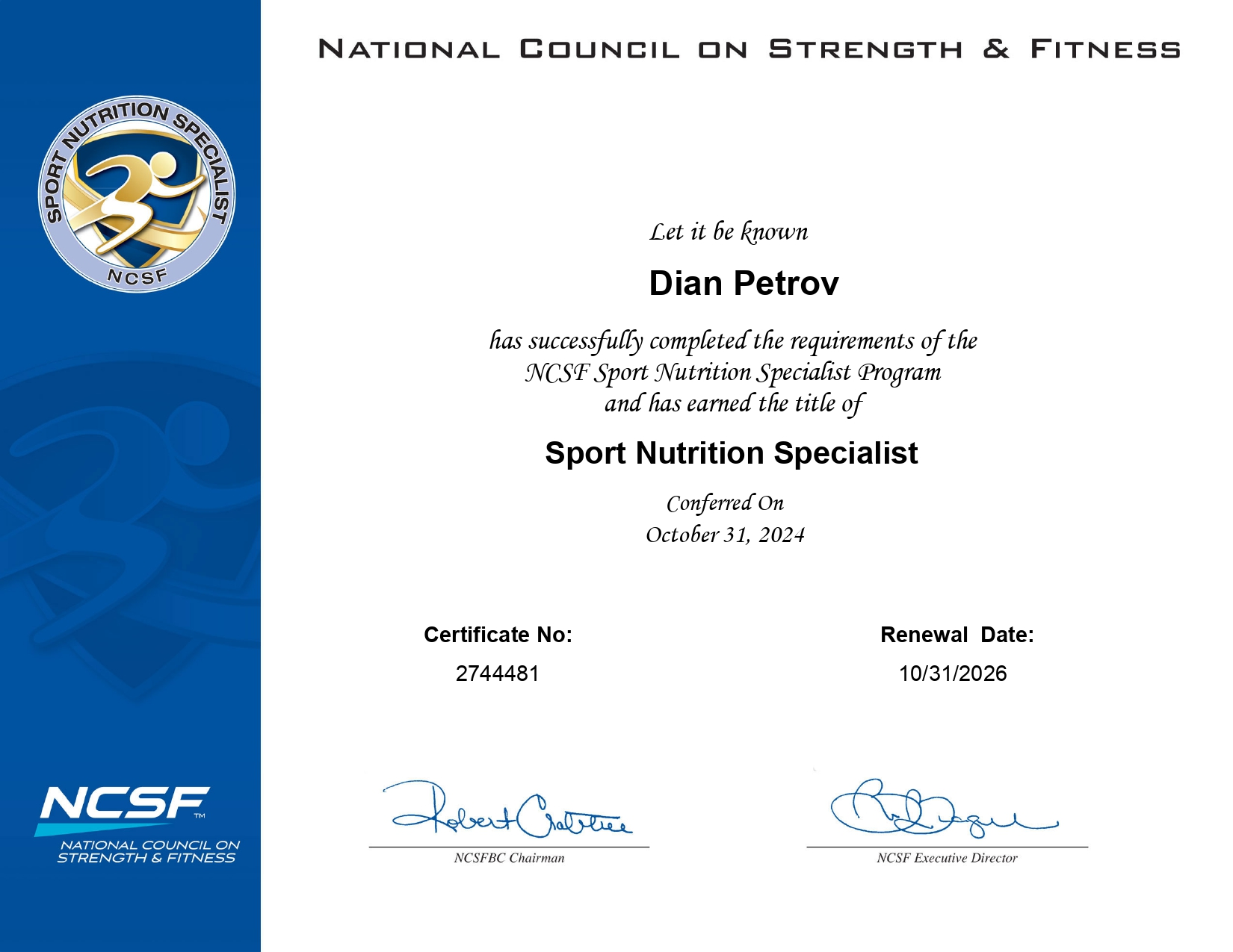 NCSF Sport Nutrition Specialist 