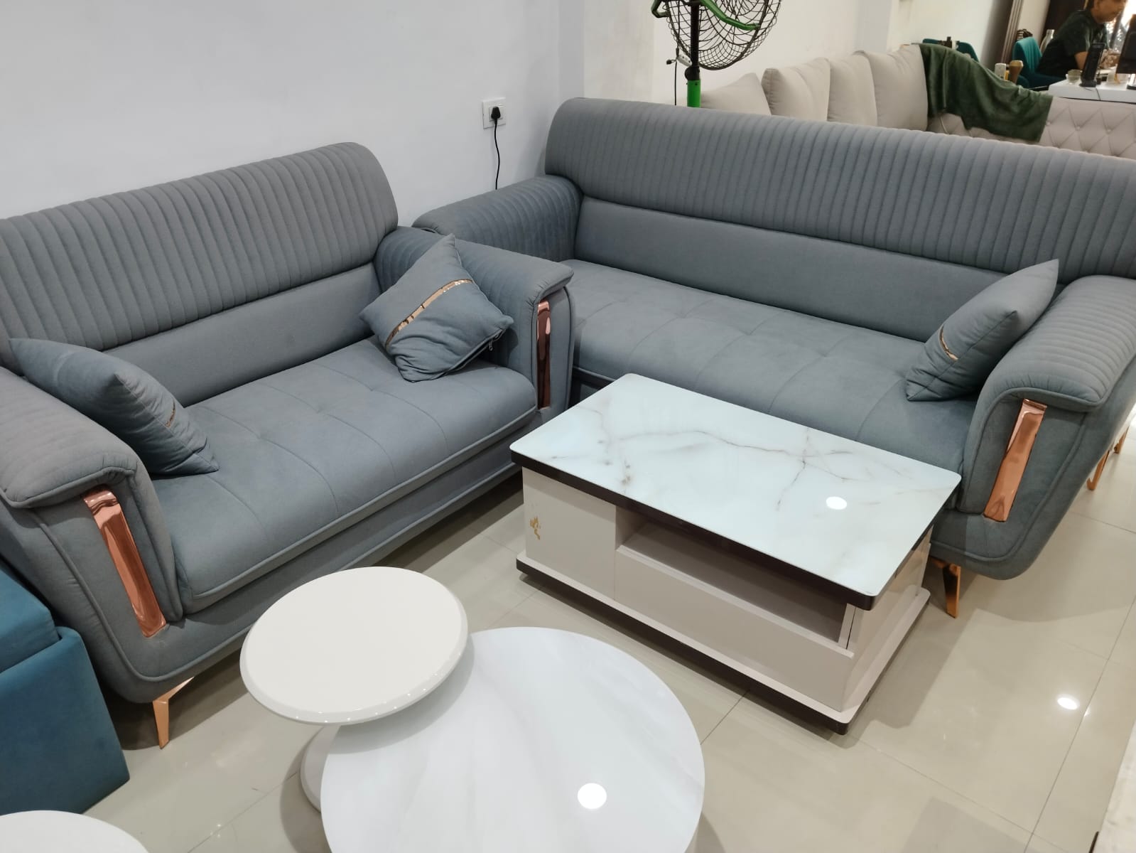 Modern Elegance: Grey Fabric Sofa Set with Gold Accents - Image 2