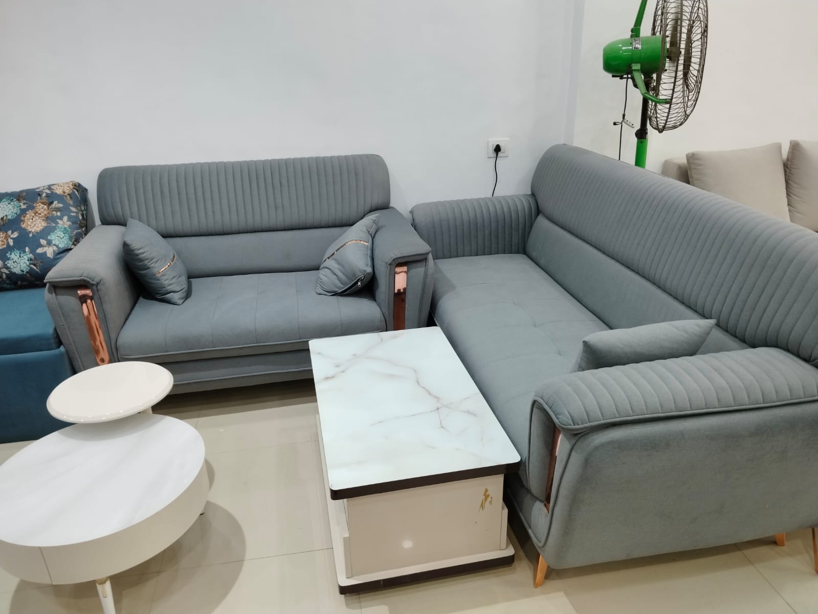 Modern Elegance: Grey Fabric Sofa Set with Gold Accents - Image 3