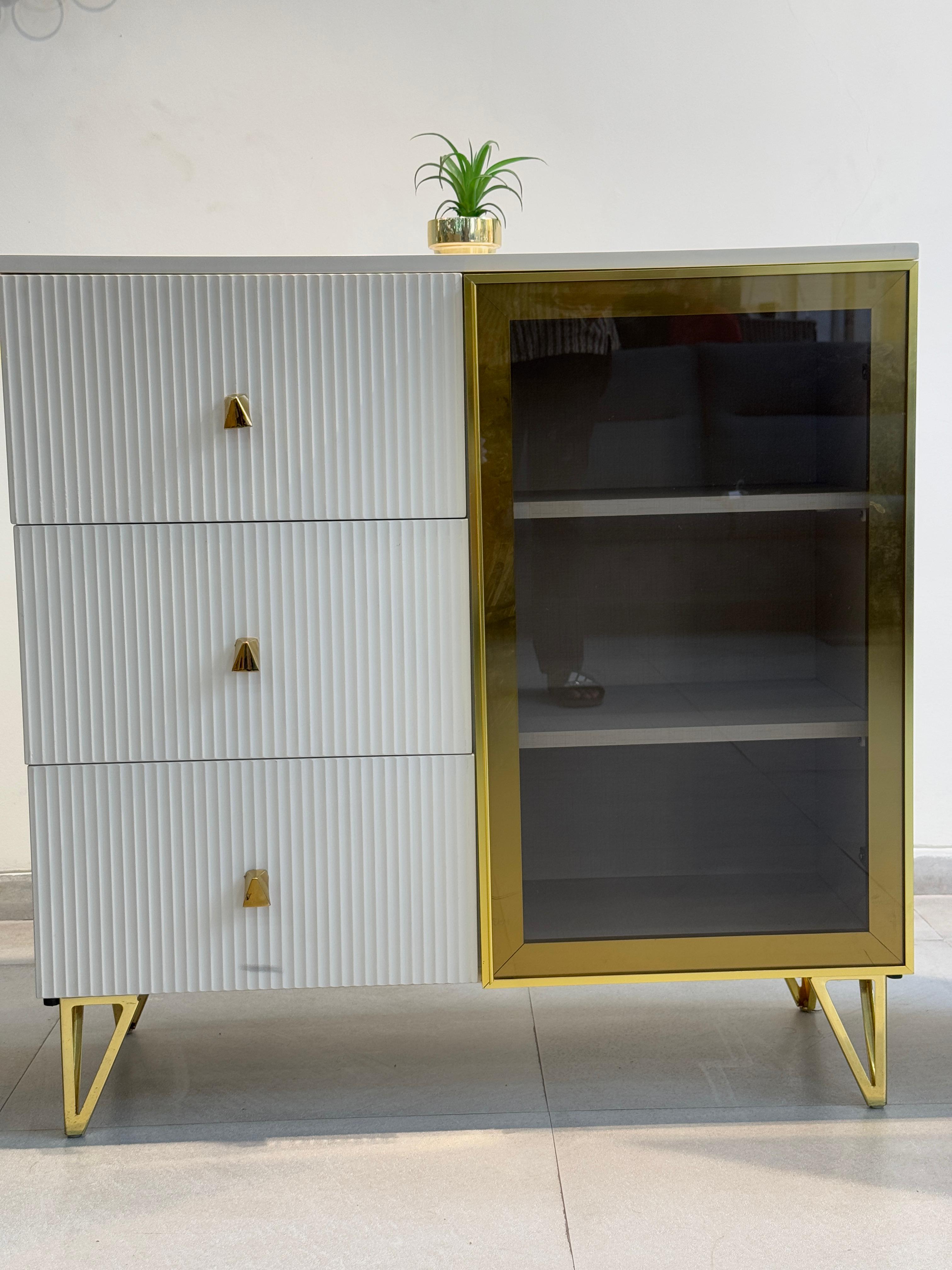 Modern Elegance: White and Gold Accent Dresser with Glass Doors