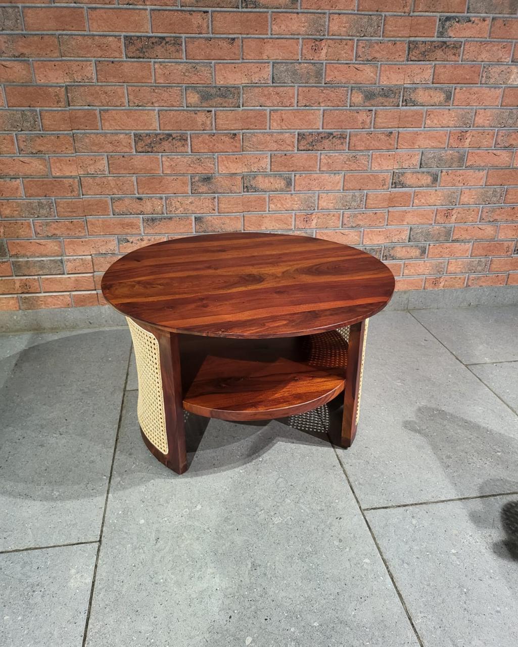 Mid-Century Modern Charm: Round Wood Coffee Table with Cane Detailing