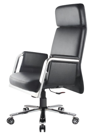 Modern Executive Comfort: Black Leather Chair with Chrome Accents and Headrest