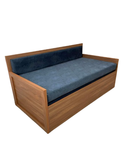 Modern Wooden Sofa Cum Bed with Blue Cushions - Space-Saving Daybed