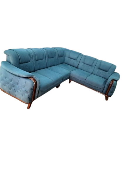 Luxurious Teal Velvet L-Shaped Sectional Sofa with Wooden Accents