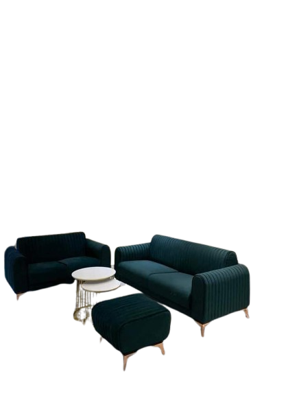 Luxurious Green Velvet 3+2 Sofa Set with Ottoman & Channel Tufting - Image 2