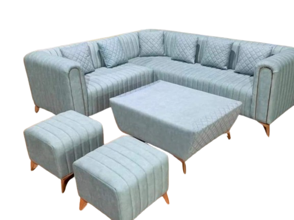 Complete Modern Grey/Blue L-Shaped Sectional Sofa Set with Coffee Table & Ottomans