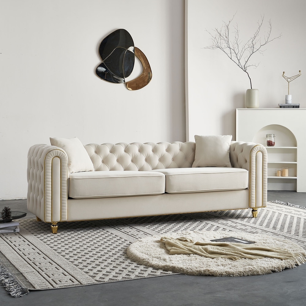 Luxurious Cream Velvet Chesterfield 3-Seater Sofa with Gold Accents | Furniture Hub