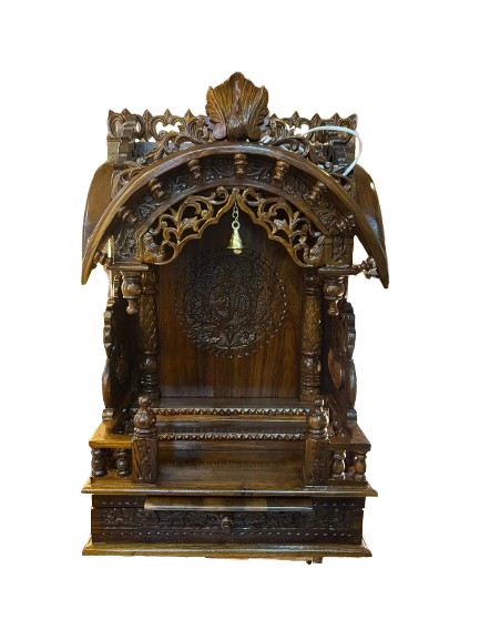 Exquisitely Carved Dark Brown Wooden Mandir(18inch) with Traditional Bell