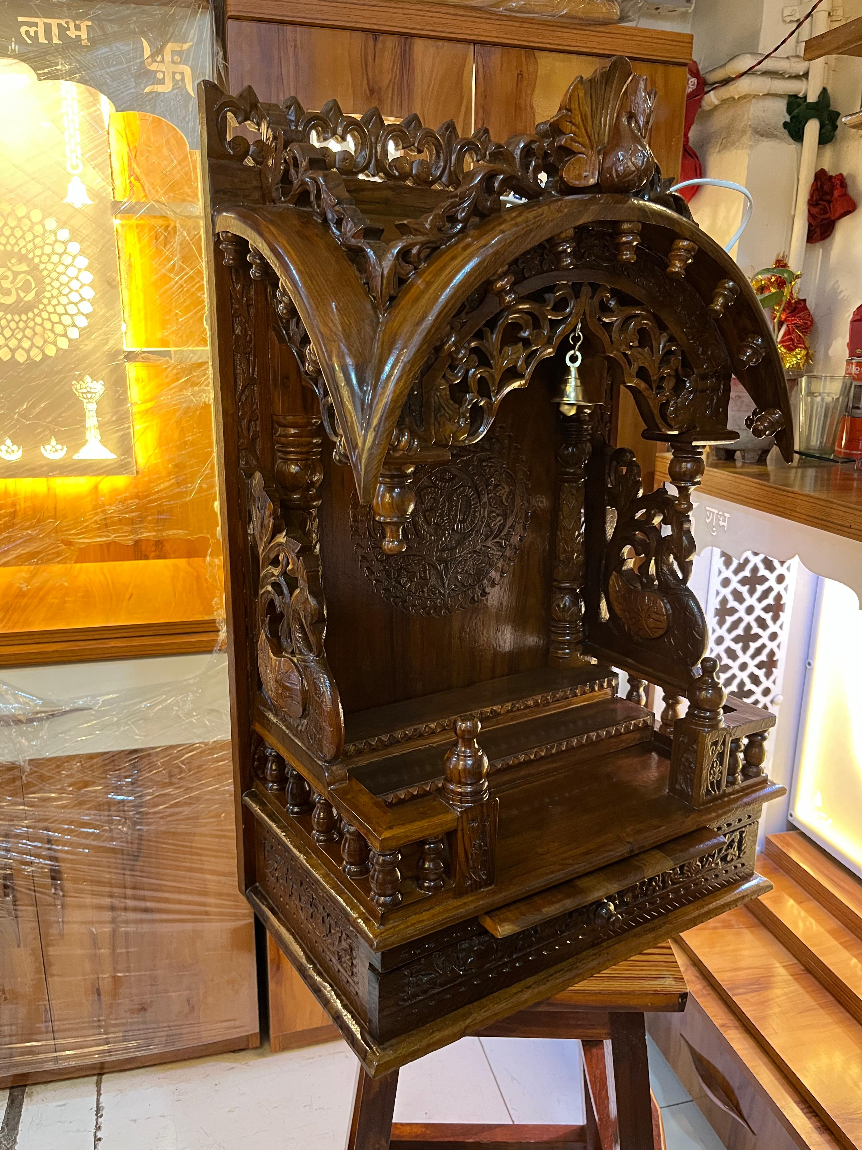 Exquisitely Carved Dark Brown Wooden Mandir(18inch) with Traditional Bell - Image 3