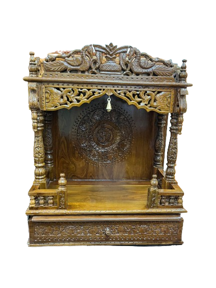 Exquisite Carved Wooden Home Mandir (24inch) with Drawer & Intricate Details