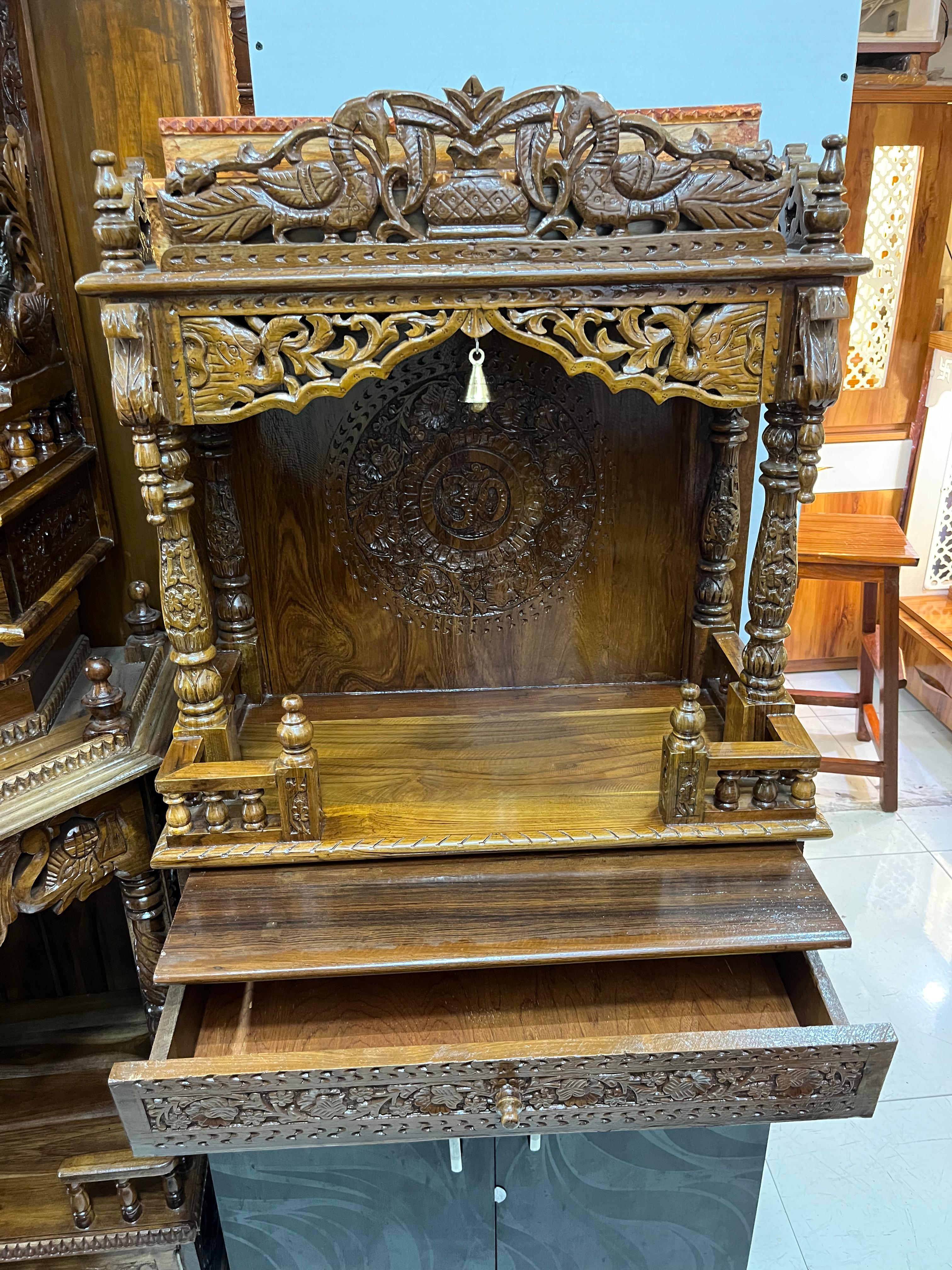 Exquisite Carved Wooden Home Mandir (24inch) with Drawer & Intricate Details - Image 3