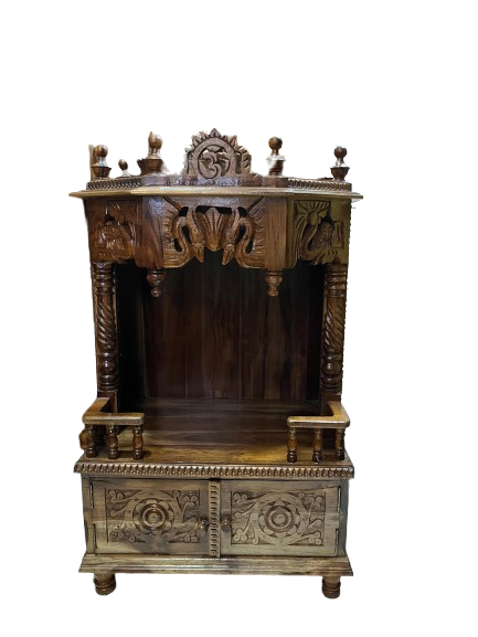 Traditional Wooden Temple(18 inch) with Om Symbol, Elephant Carving & Storage Cabinet