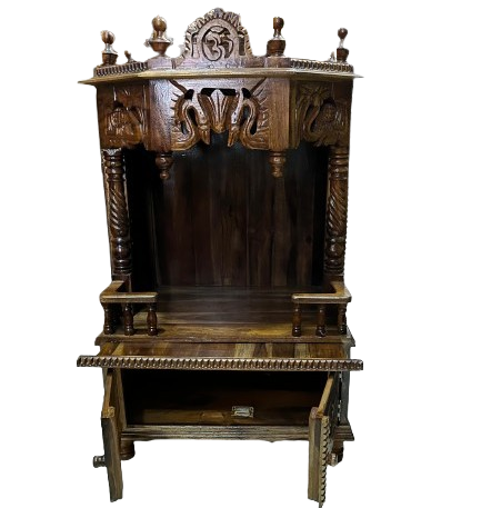 Traditional Wooden Temple(18 inch) with Om Symbol, Elephant Carving & Storage Cabinet - Image 2