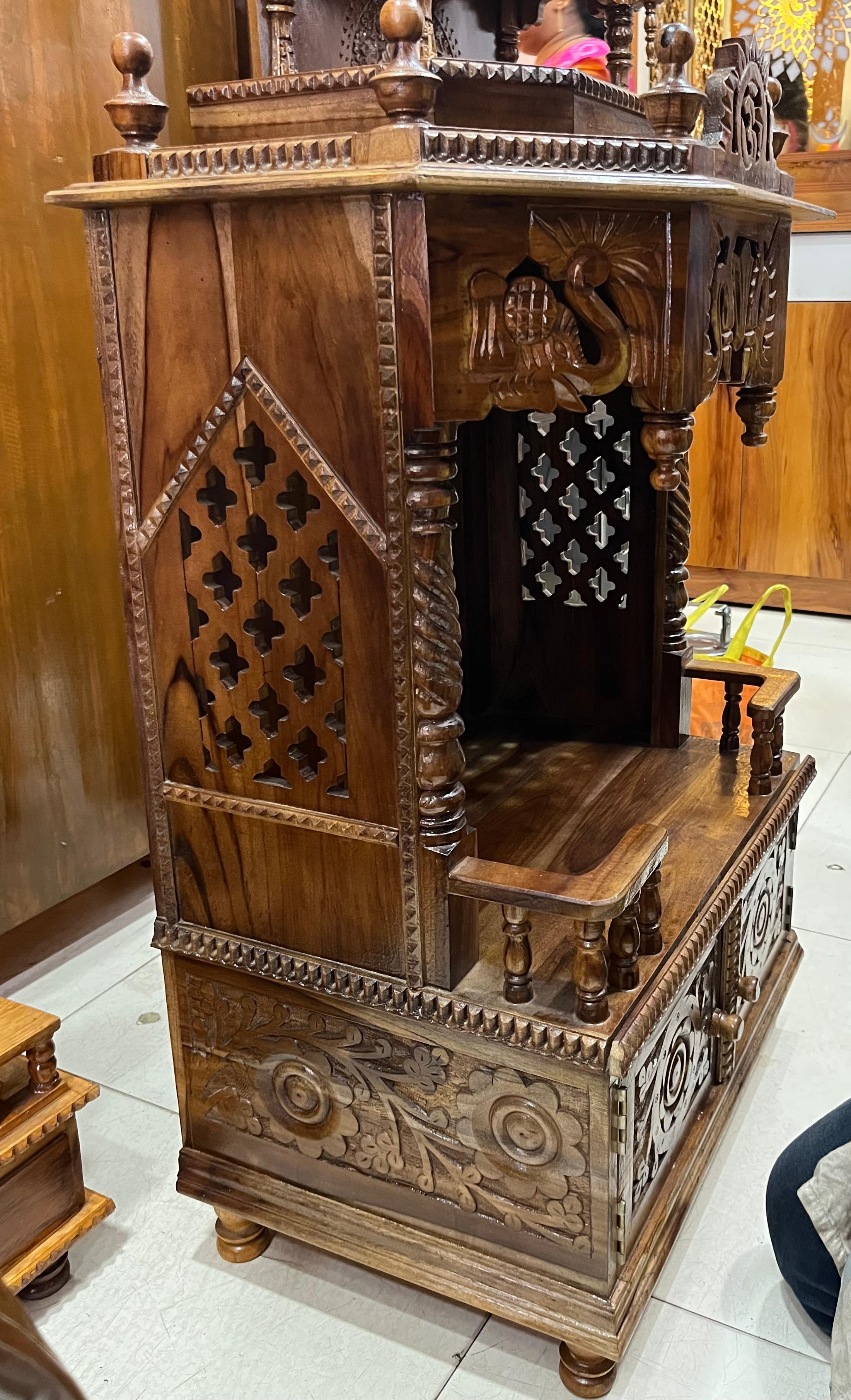 Traditional Wooden Temple(18 inch) with Om Symbol, Elephant Carving & Storage Cabinet - Image 3