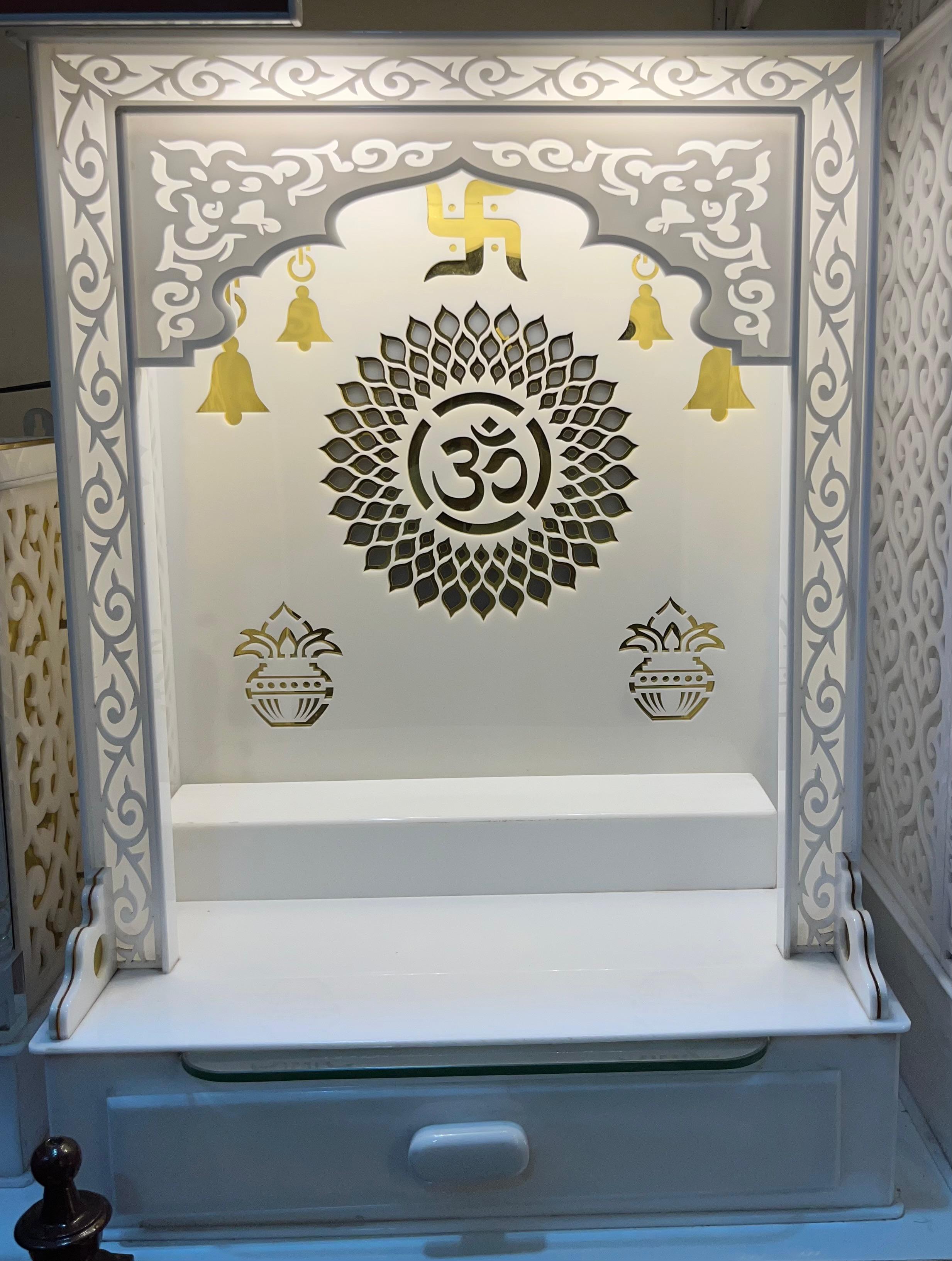 Modern White imported acrylic (LED Backlit)Wooden Pooja Mandir(18 inch) with Om & Swastik Design