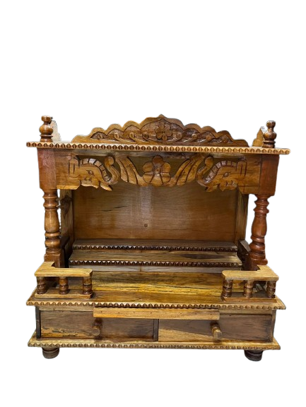Traditional Wooden Temple(18inch) with Dual Drawers & Intricate Carvings