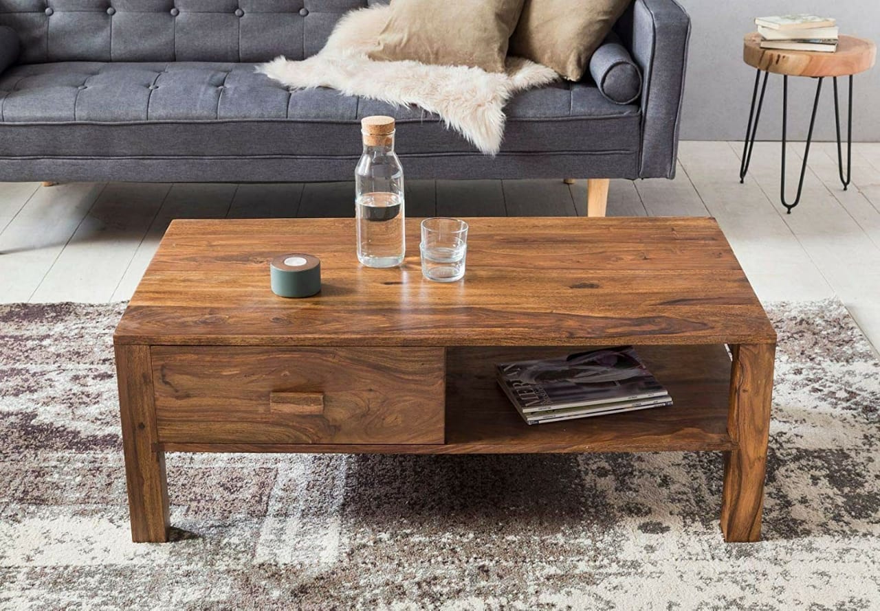 Solid Sheesham Wood Coffee Table with Drawer & Open Shelf – Rectangular Center Table for Living Room