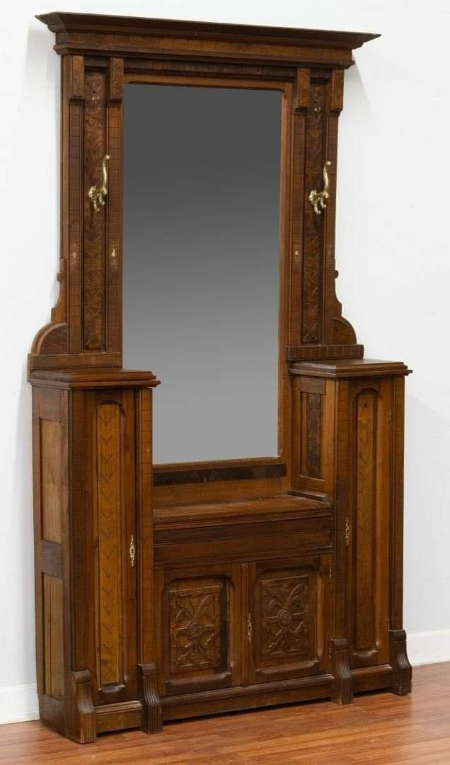 Grand Antique Wooden Dressing Table with Full-Length Mirror & Carved Storage