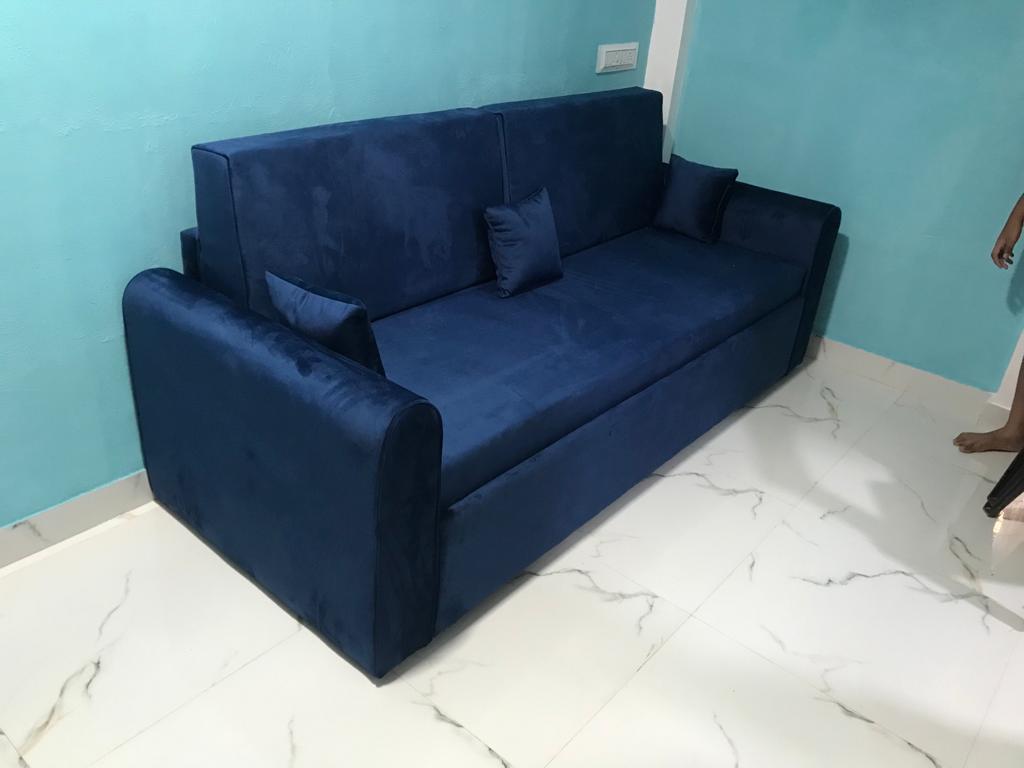 Deep Blue Velvet Sofa Cum Bed – Convertible Sleeper Couch with Cushions for Modern Living Spaces