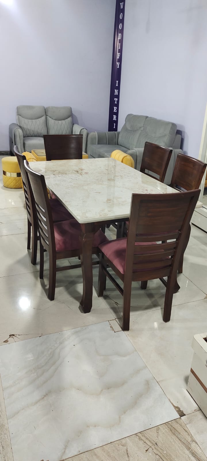 6-Seater Solid Wood Dining Table Set with Marble Top – Elegant Dining Furniture