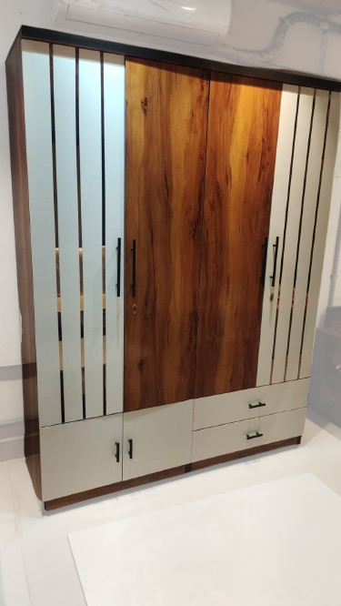 Modern 4-Door Wooden Wardrobe with Mirror Panels & Storage Drawers – Sleek Bedroom Almirah