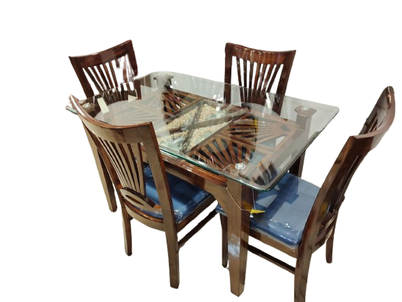 6-Seater Wooden Dining Table with Designer Glass Top – Elegant Dining Set with Cushioned Chairs