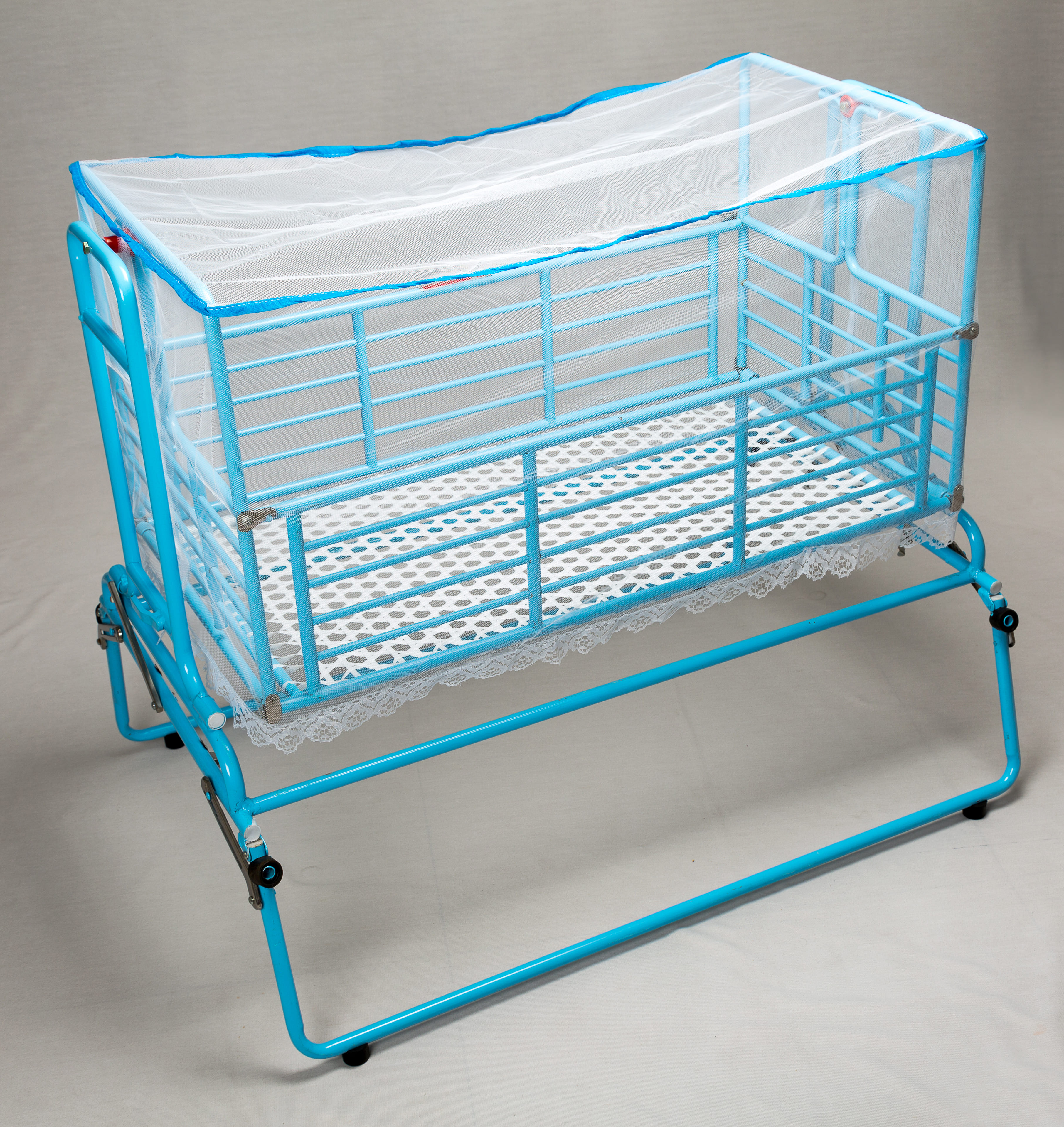 Foldable Rajasthani Baby Cradle with Mosquito Net – Premium Metal Jhula (Blue)