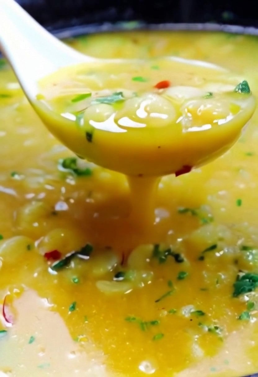 The stock and saffron added to the pan with the parsley.
