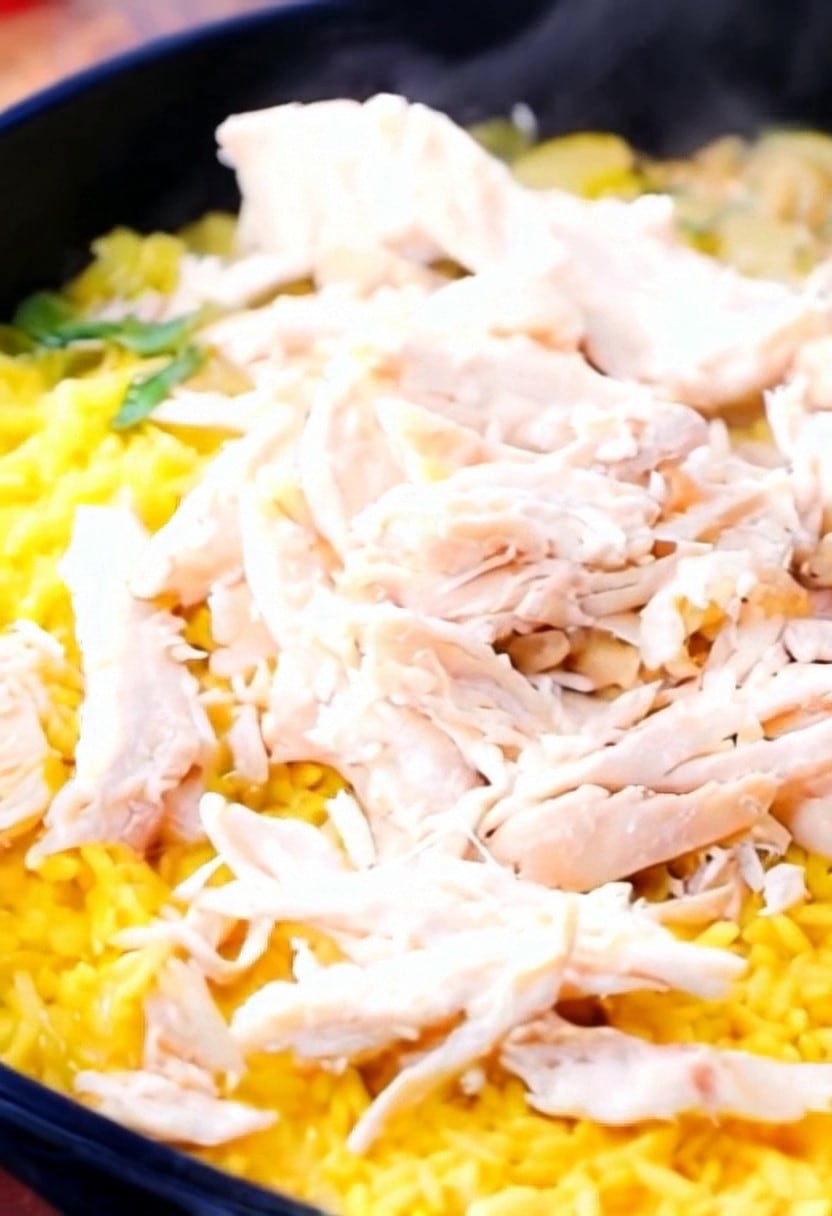 The chicken added to the yellow rice in the pan