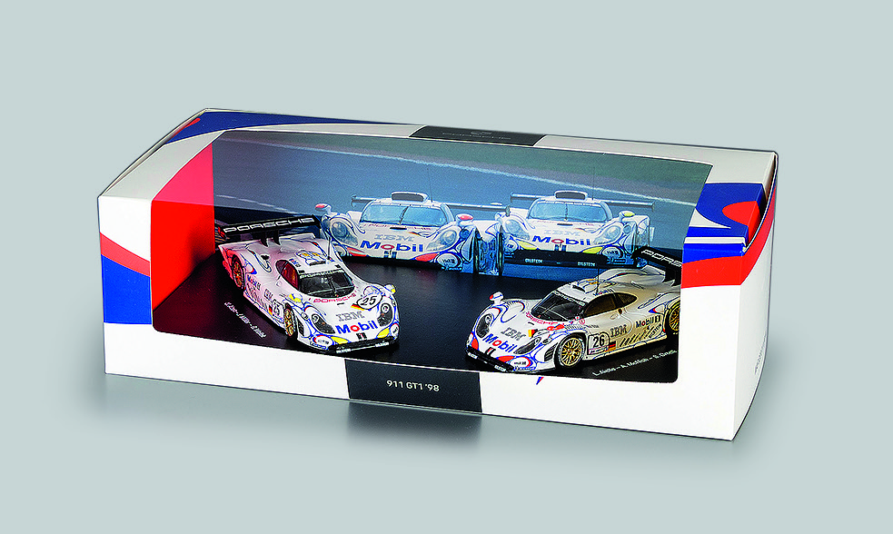 Front-left view of the Porsche 911 GT1-98, winner of the 1998 24 Hours of Le Mans, displayed at