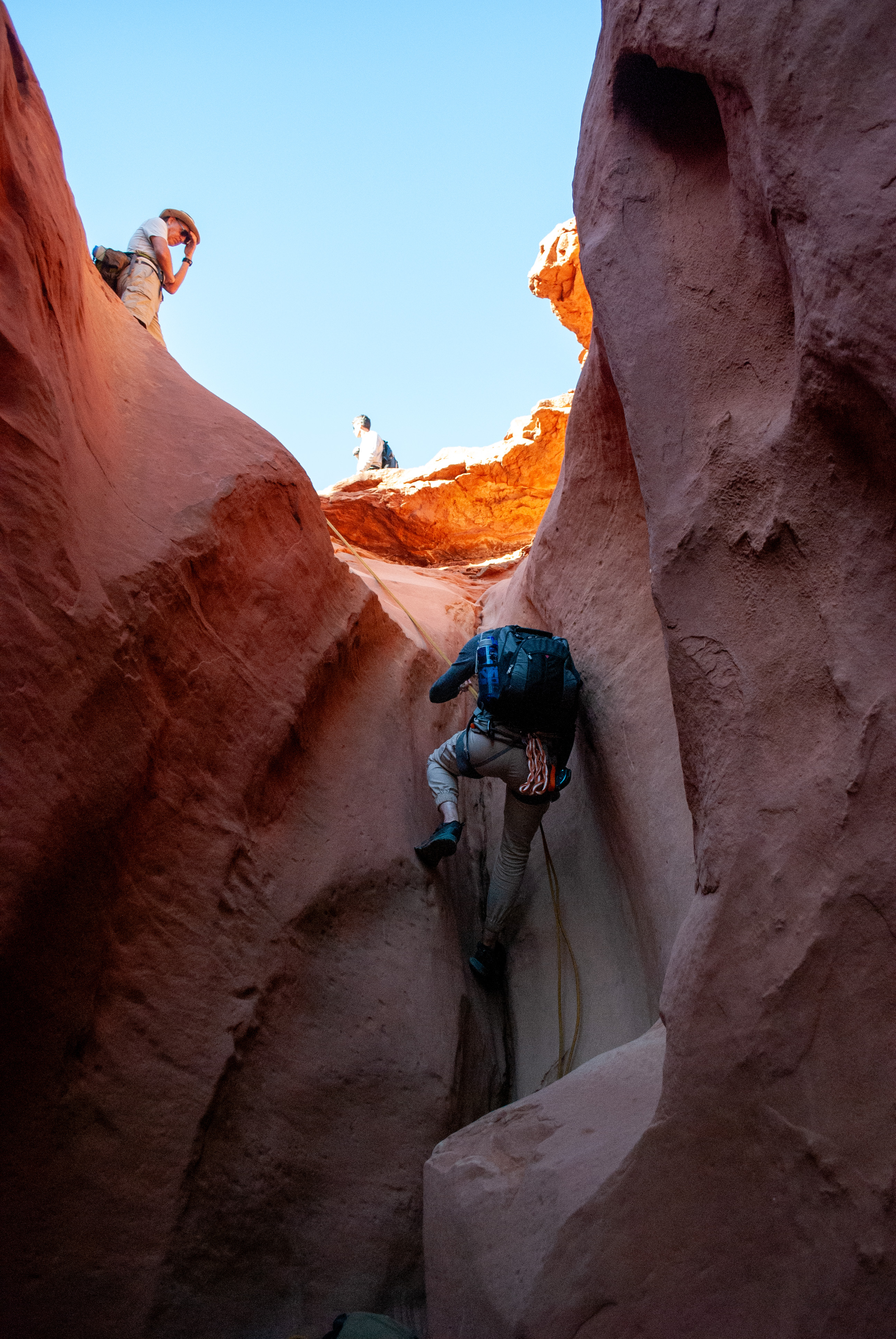 First rappel in Little Blue John Canyon