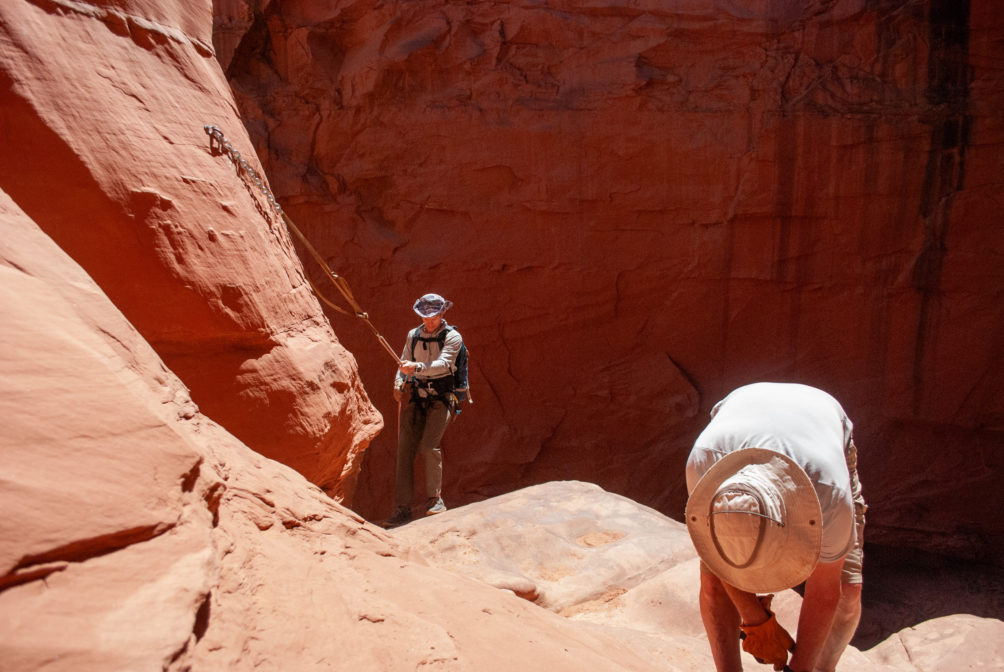 Rappelling out of Blue John Canyon into Horseshoe Canyon