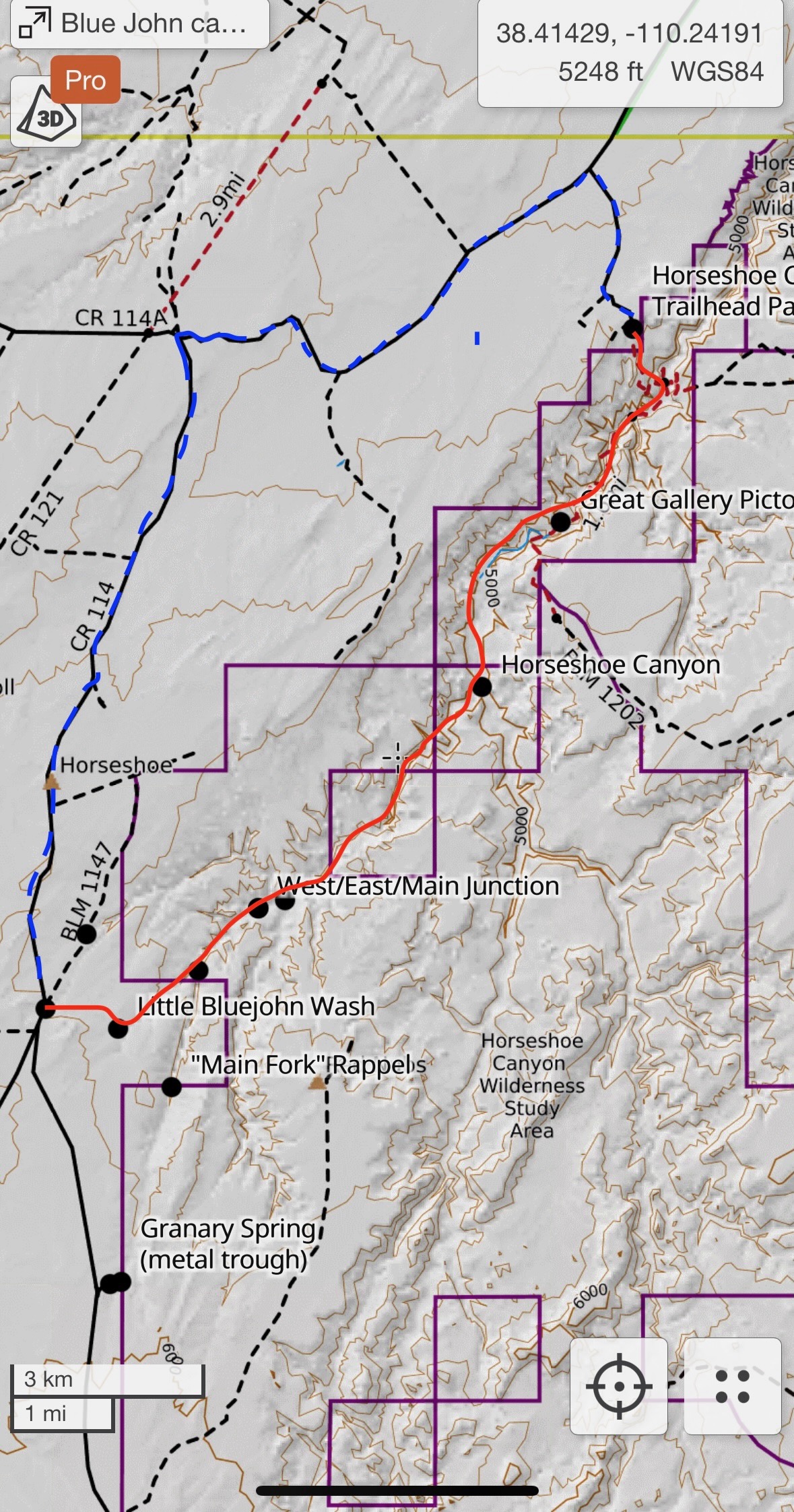 Map of route through the canyon, route starts at bottom left (red line is the route, blue line is the drive between the start and finish)