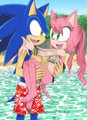 Sonic and Amy in the water and Amy in Sonic's arms