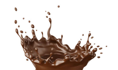 Milk chocolate fluid splash crown flow with bubbles and drops on white Stock Photo