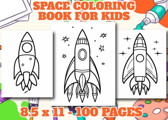 Space Coloring Book Cover with rockets, planets, and stars