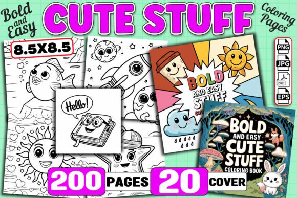 Bold and Easy Cute Stuff Coloring Pages featuring cartoon animals and objects