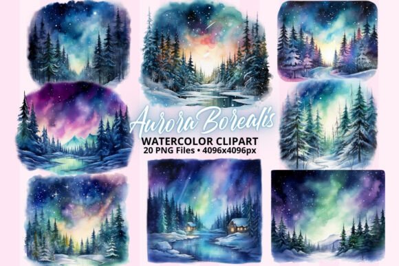 Northern Lights Aurora Borealis Watercolor Clipart Collection