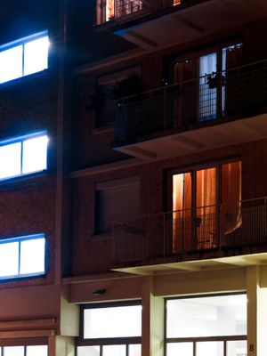 8pm, architecture,outside, orang,yellow,white,blue,grey,black