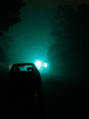 3am, fog,outside, black,green