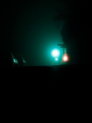 3am, fog,outside, black,green,orang