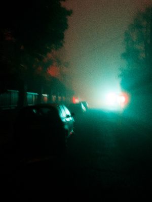 3am, fog,outside, black,green,red