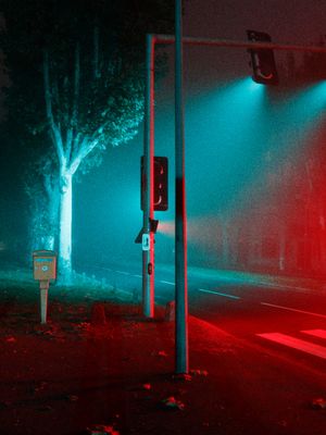 3am, fog,outside, red,green,black,grey