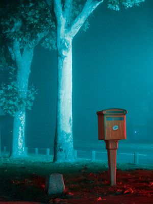 3am, fog,outside,object, green,red,grey,yellow