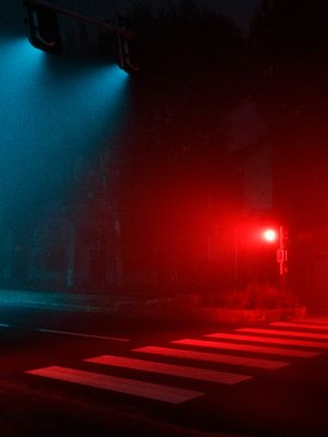 3am, fog,outside, black,red,blue