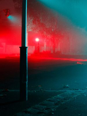 3am, fog,outside, red,green,grey,black
