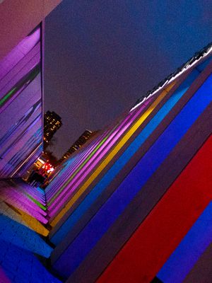 6pm, architecture,outside, blue,pink,yellow,grey,red,purple
