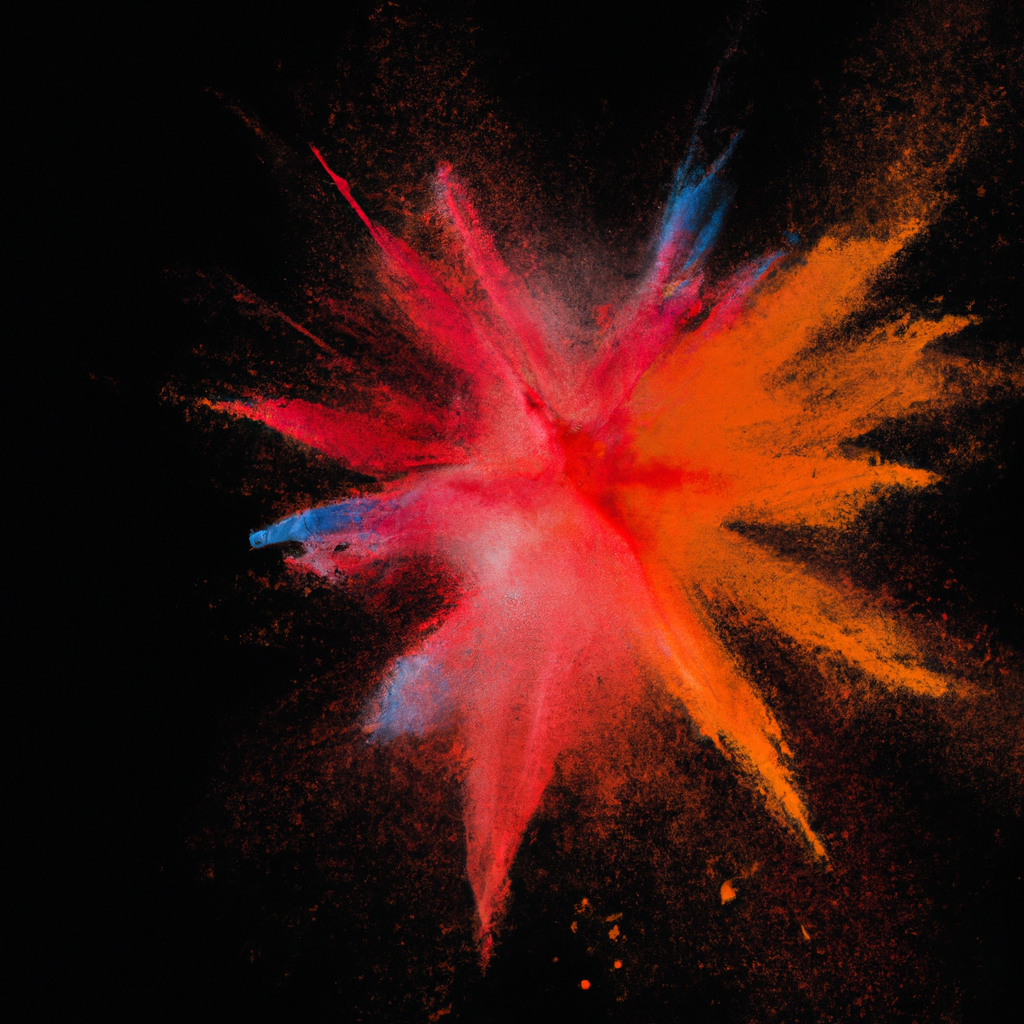 A centered explosion of colorful powder on a black background