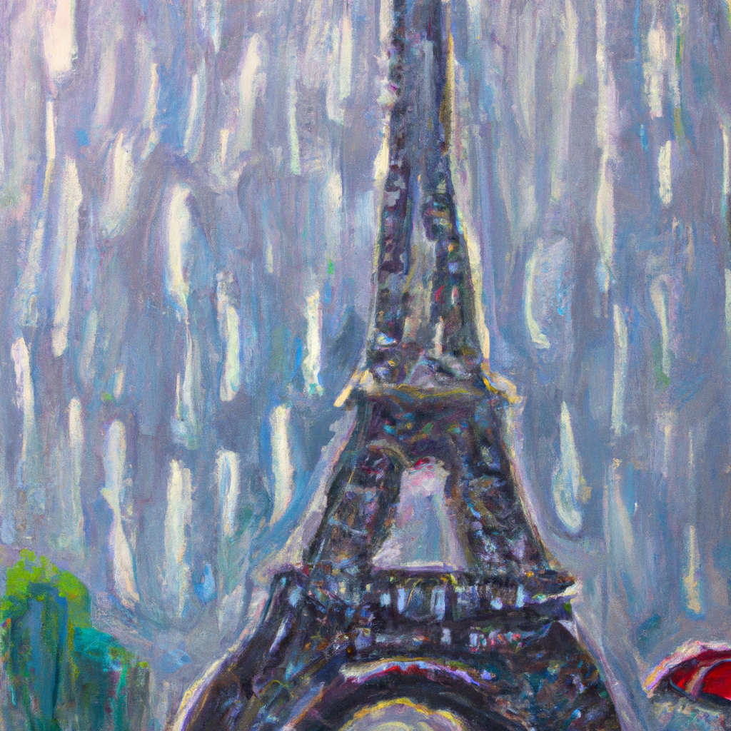Eiffel tower on a rainy day, impressionist painting, realistic